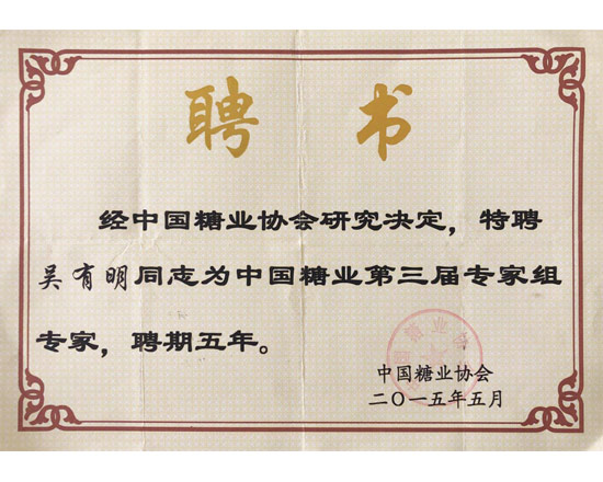 中國糖業(yè)協(xié)會(huì)專家組專家聘書